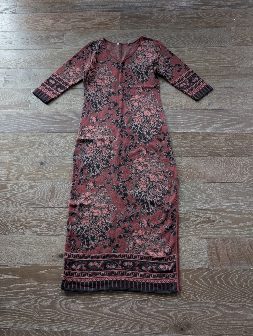 Peruvian Connection Burgundy & Black Floral V-Neck Maxi Dress Size Small